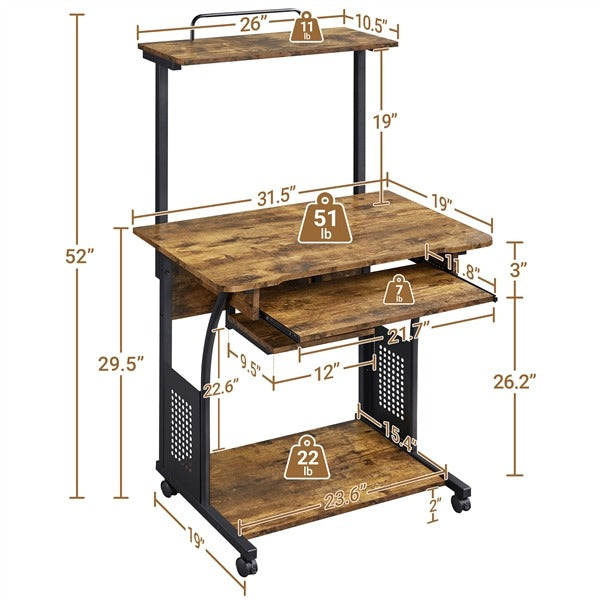 Yaheetech 3 Tiers Rolling Computer Desk with Keyboard Tray