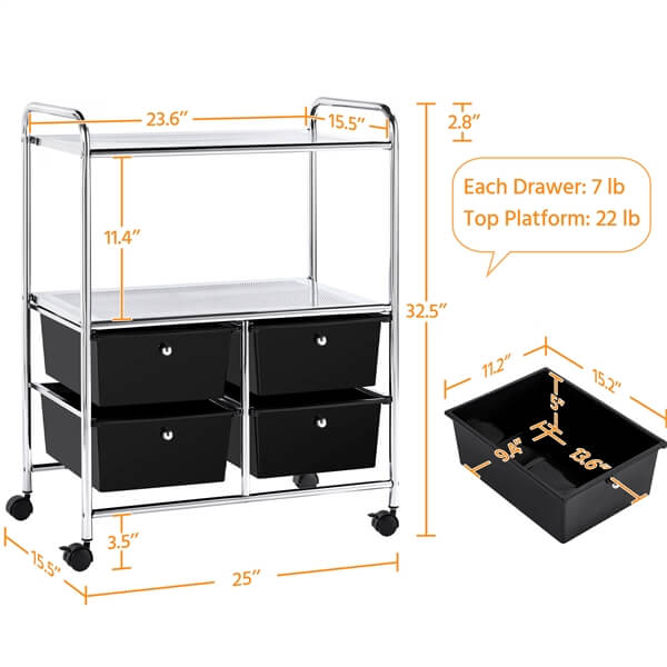 Yaheetech Rolling Storage Cart with 4 Drawers 2 Shelves