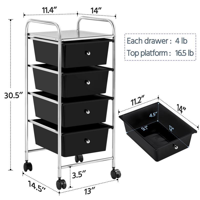 Yaheetech 4 Drawers Cart Storage Lockable Wheels Bin Organizer