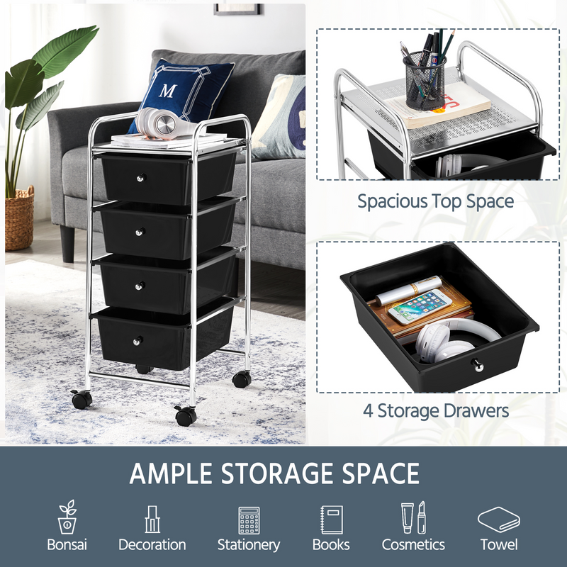 Yaheetech 4 Drawers Cart Storage Lockable Wheels Bin Organizer