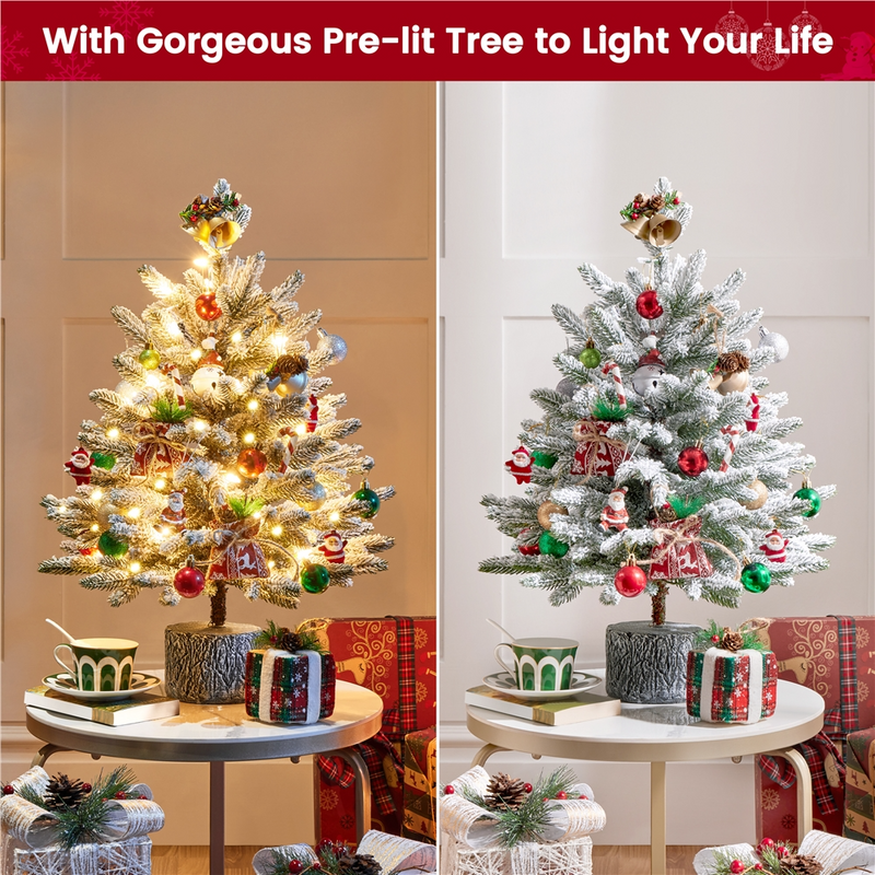 Yaheetech 2/3FT Pre-lit Flocked Tabletop Mini Artificial Christmas Tree