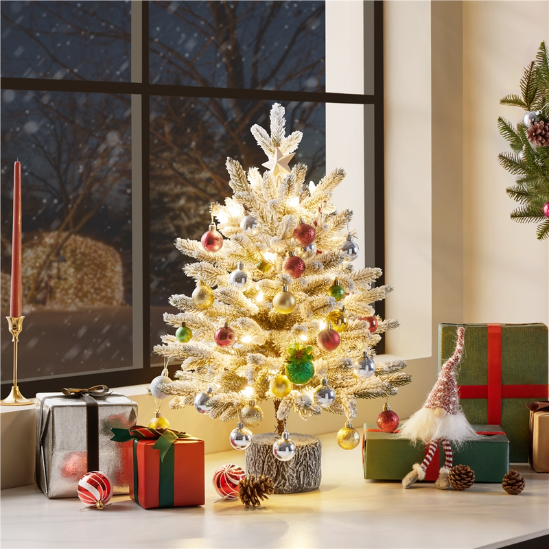 Yaheetech 2/3FT Pre-lit Flocked Tabletop Mini Artificial Christmas Tree