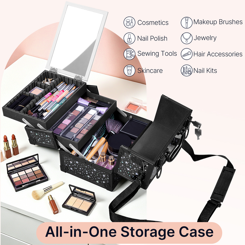 Yaheetech Portable Cosmetic Storage with Mirror Makeup Train Case