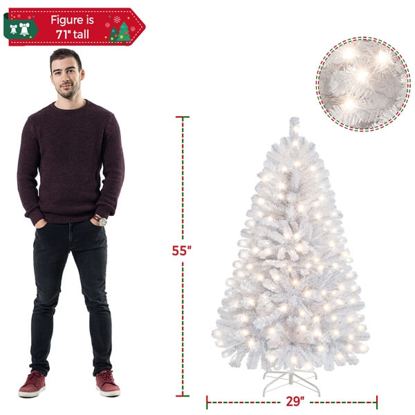 Yaheetech 4.5ft Pre-lit Spruce Artificial Hinged Christmas Pine Tree White