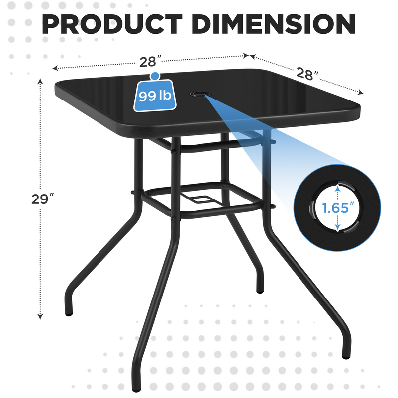 Yaheetech 28″ Silk Printing Glass Top Square with Umbrella Hole Patio Bistro Table