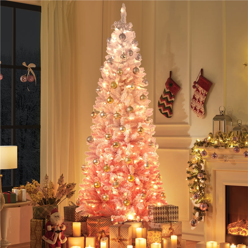 Yaheetech 7.5FT Pre-lit Flocked Pencil Artificial Christmas Tree