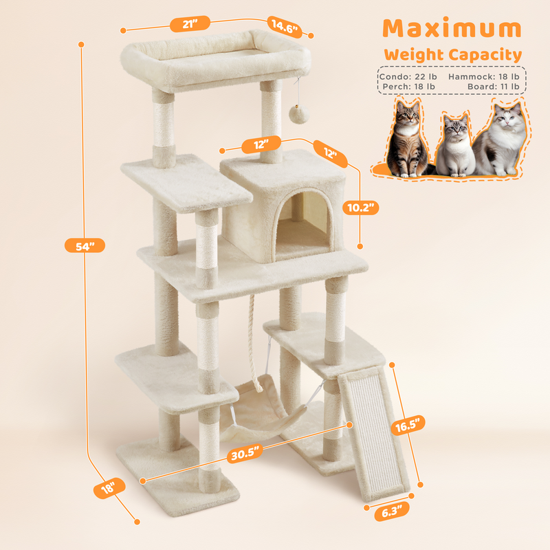 54″ Tall Cat Tree, Multilevel Plush Kitten Tree Condo
