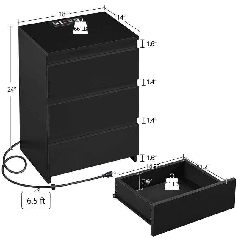 Yaheetech End Simple 3-Drawer Table with Charging Station