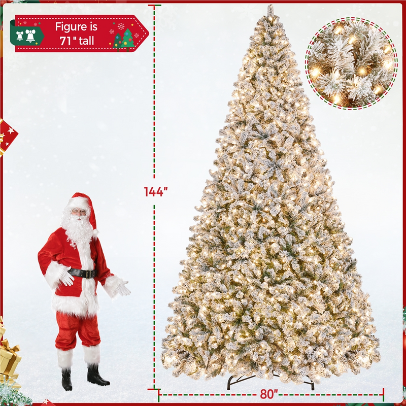12FT Pre-lit Flocked with Light Artificial Christmas Tree