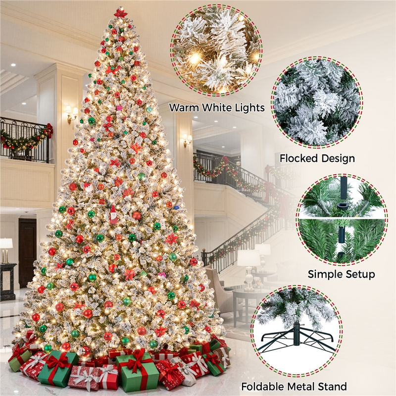 12FT Pre-lit Flocked with Light Artificial Christmas Tree