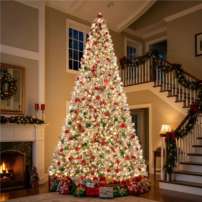 12FT Pre-lit Flocked with Light Artificial Christmas Tree