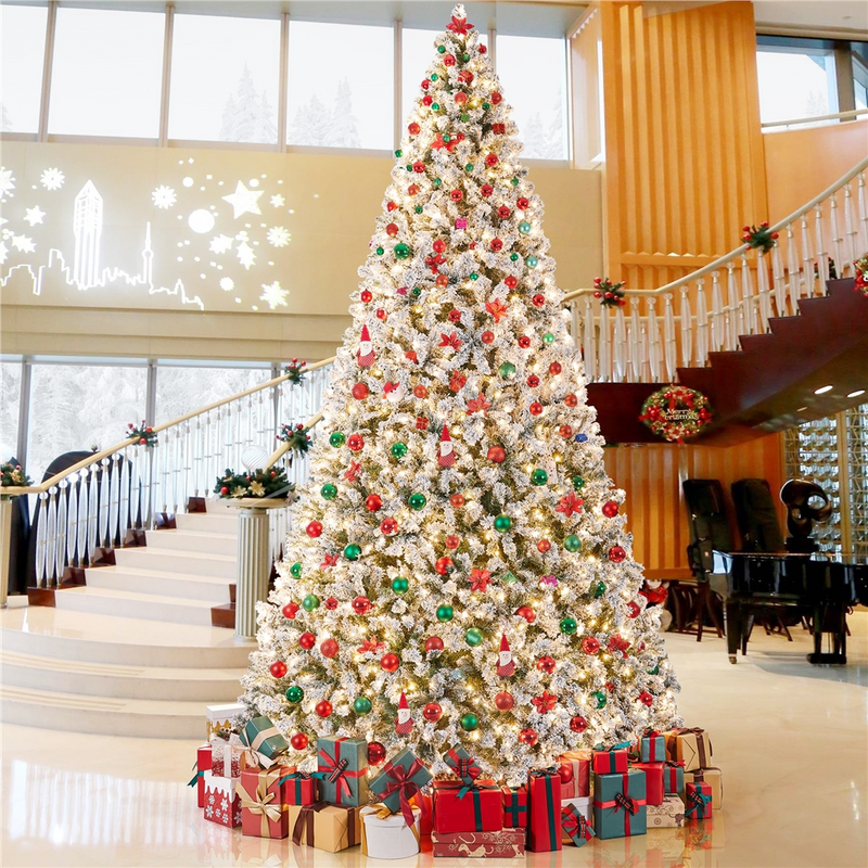 12FT Pre-lit Flocked with Light Artificial Christmas Tree