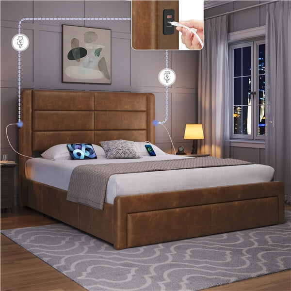 Monarch Brown Faux Leather Upholstered Platform Bed Frame – Queen Size, Contemporary