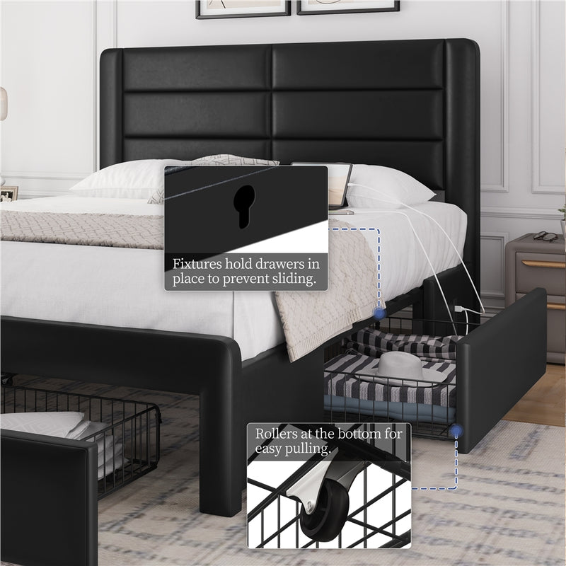 Yaheetech Leather Upholstered Platform Bed with Headboard