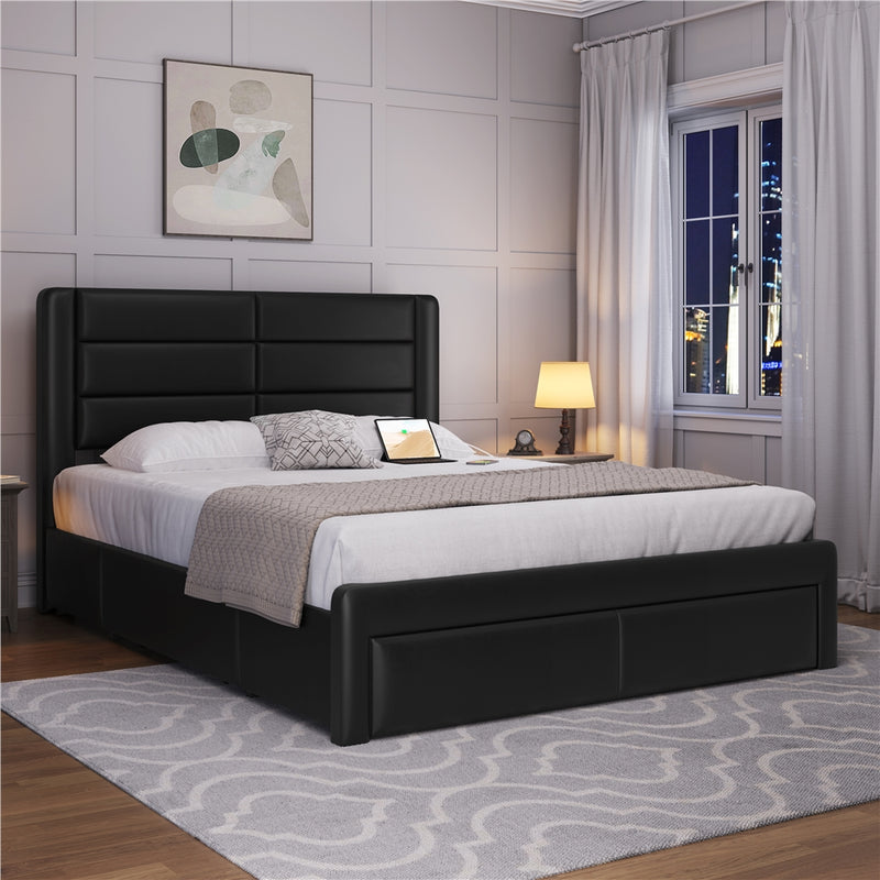 Yaheetech Leather Upholstered Platform Bed with Headboard