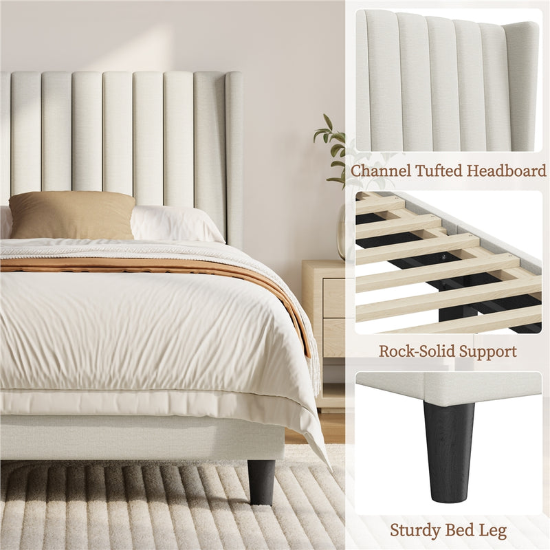 Yaheetech Twin Upholstered Bed Frame with Wing Side