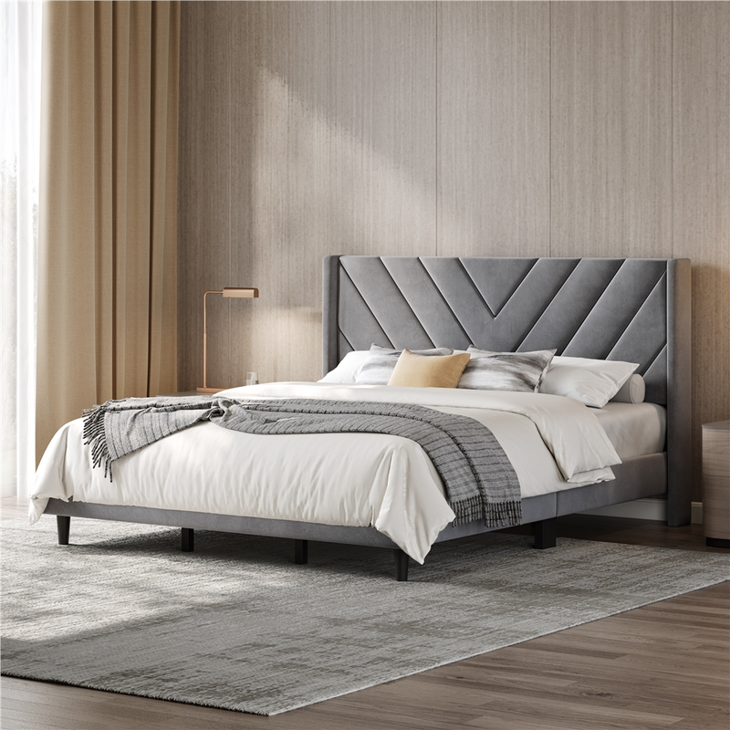 Yaheetech King Velvet Upholstered Bed Frame with Headboard