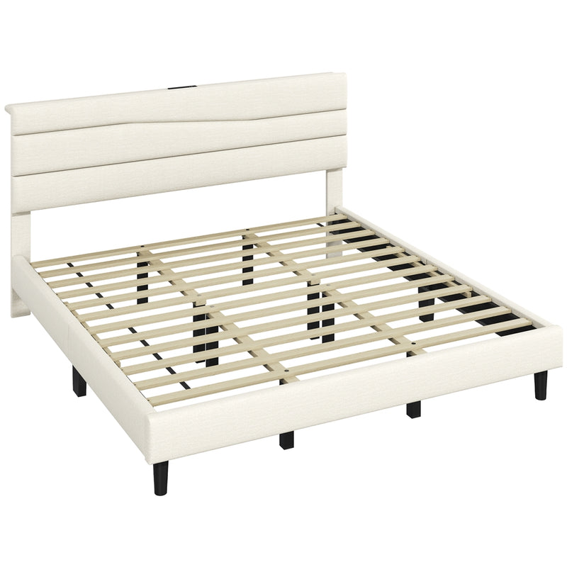 Yaheetech Full Upholstered Bed Frame with LED Lights & Charging Station