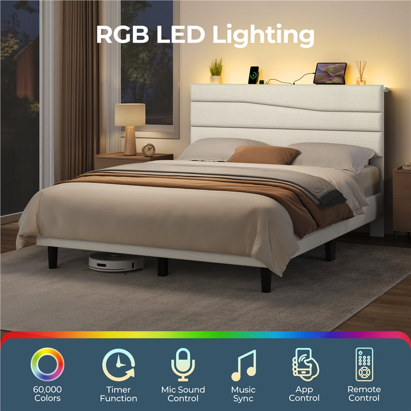 Yaheetech Full Upholstered Bed Frame with LED Lights & Charging Station