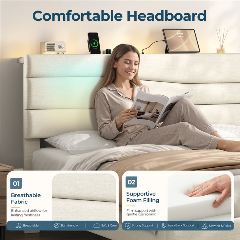 Yaheetech Full Upholstered Bed Frame with LED Lights & Charging Station