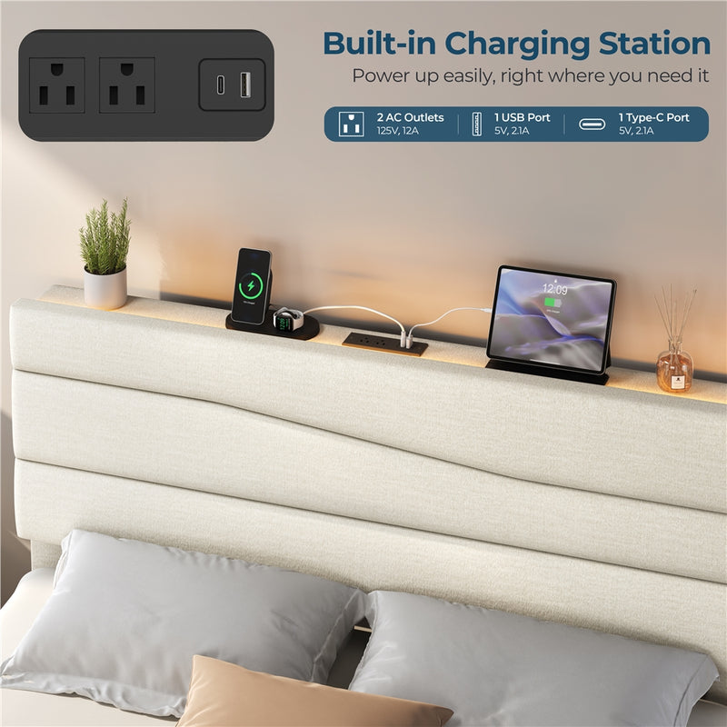 Yaheetech Full Upholstered Bed Frame with LED Lights & Charging Station