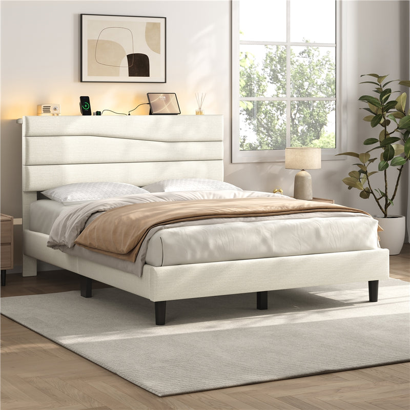 Yaheetech Full Upholstered Bed Frame with LED Lights & Charging Station