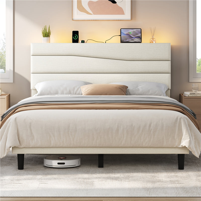 Yaheetech Full Upholstered Bed Frame with LED Lights & Charging Station