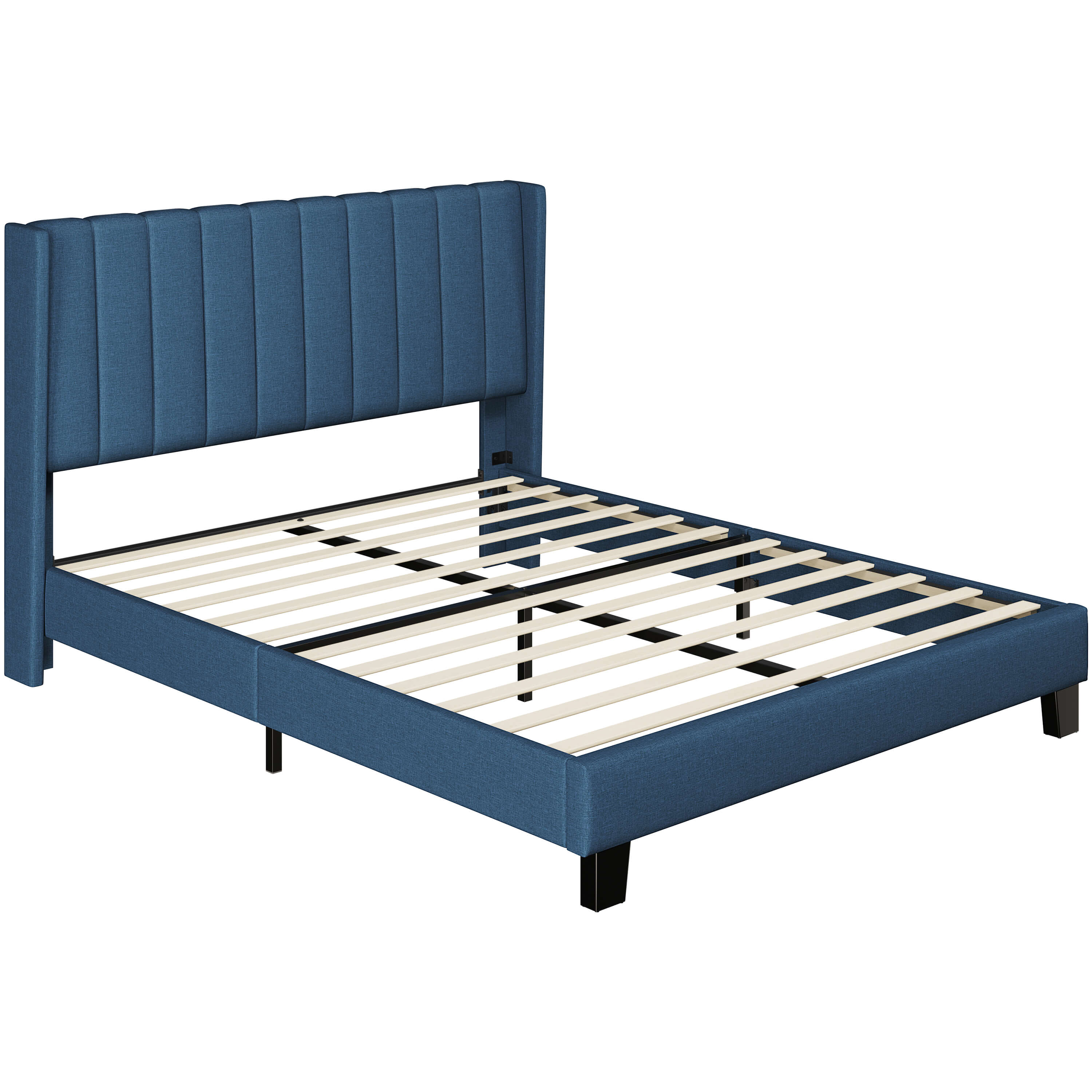 Upholstered Bed Frame with Wing Side, Navy Blue — yaheetech.shop