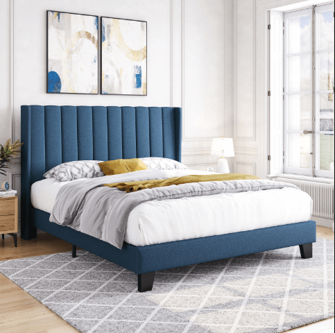Upholstered Bed Frame with Wing Side, Navy Blue