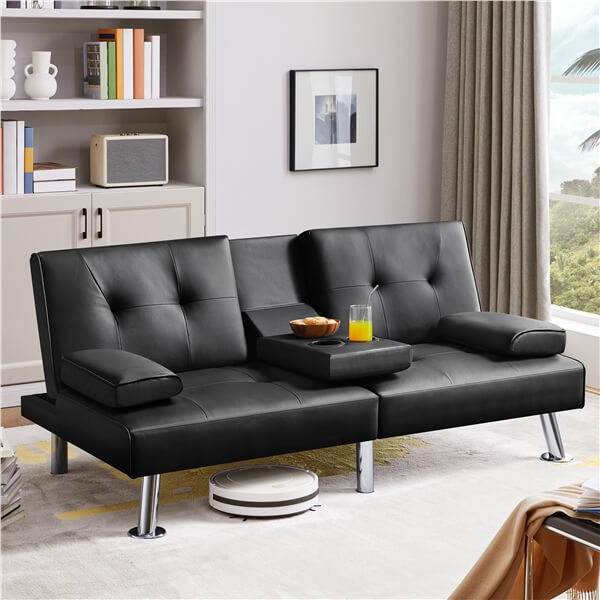Yaheetech Faux Leather Convertible Futon Sofa Bed, Black