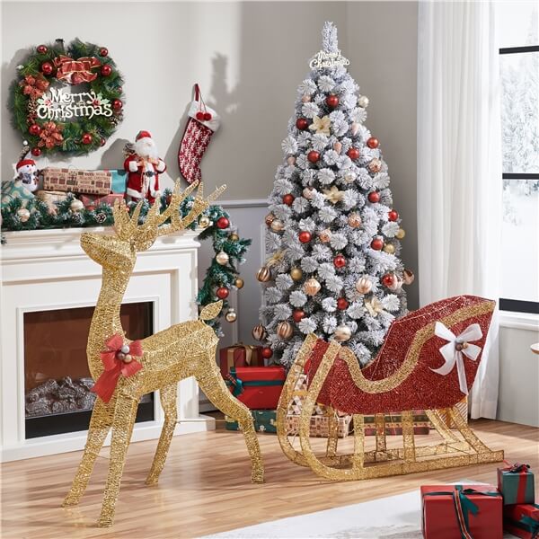 Marco Paul Santa Sleigh LED Christmas Decoration - Light Up Ornament With Reindeer, 31.5cm