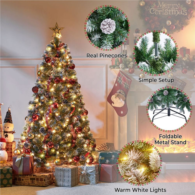 Yaheetech 4.5/6/7ft Pre-lit Frosted with Pinecones Artificial Christmas Tree