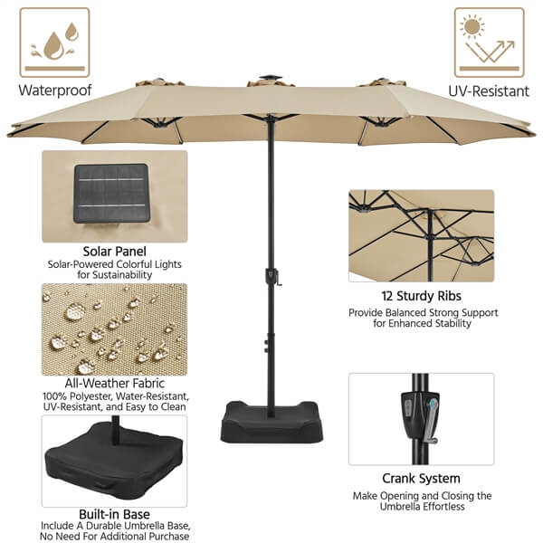 15 ft Patio Parasol Outdoor Umbrella with Multi-Mode LED Lights Strips and Base Stand Yaheetech Frame Color: Navy Blue