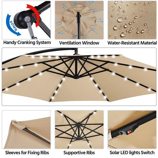 half wall patio umbrella led 10 ft Yaheetech 10 ft Patio Offset Umbrella with Crank & Cross Base, Gray