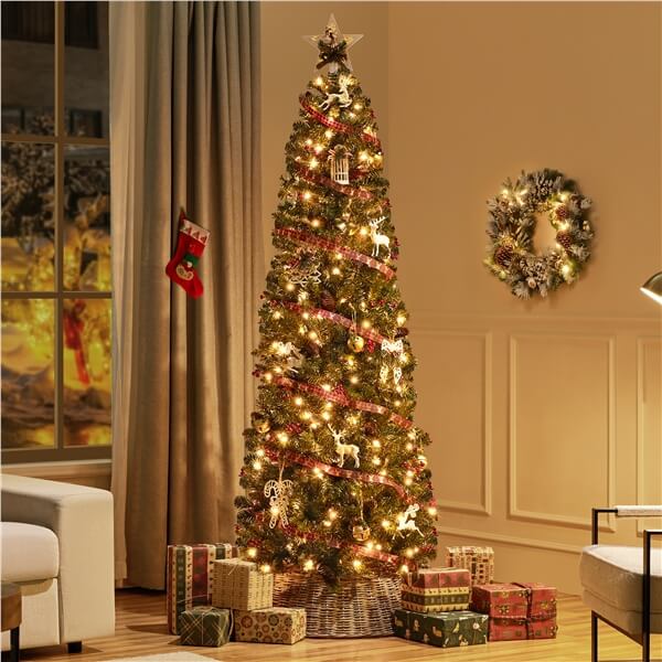 OasisCraft 7.5Ft Indoor Skinny Snow Flocked Artificial Pencil Christmas Tree Hinged Snowy Slim Xmas Tree Outdoor For Festive Holiday Decoration OasisCraft 7.5Ft Indoor Skinny Snow Flocked Artificial Pencil Christmas Tree Hinged Snowy Slim Xmas Tree Outdoor For Festive Holiday Decoration