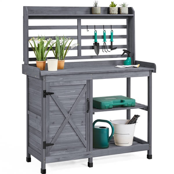 work bench for potting plants Yaheetech 4-Layer Gray Outdoor Garden Potting Bench Table with Cabinet and Open Shelf one_size