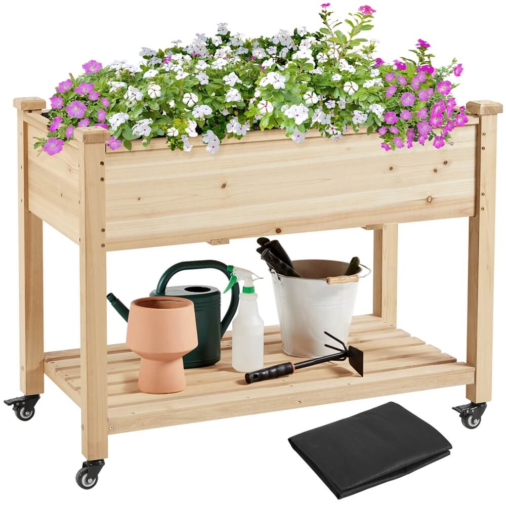 Gymax Raised Garden Bed Wood Elevated Planter Bed w/Lockable Wheels Shelf & Liner