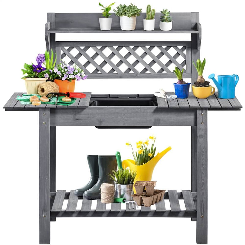 high bench for potted plants Yaheetech Outdoor Garden Potting Bench Wooden Work Station, Gray
