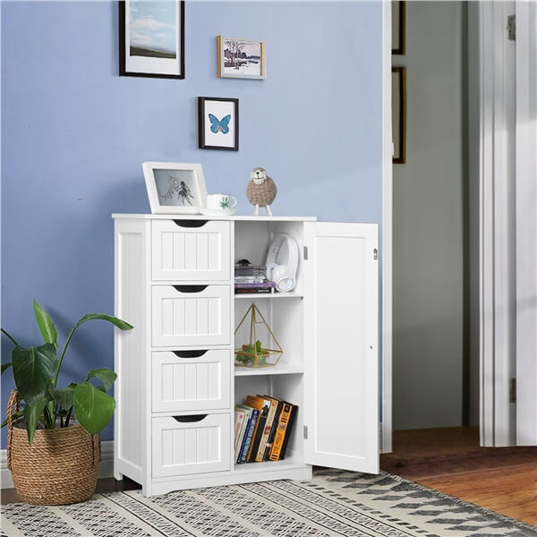 4-Drawer White Bathroom Cabinet – Freestanding MDF Storage Unit – 30x30x82cm