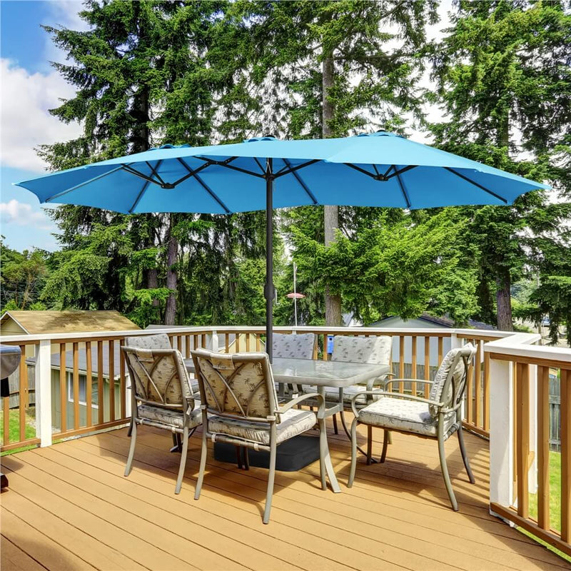 15 patio umbrella sale GREEN PARTY 15ft Large with Base, Rectangle Outdoor Umbrella friendly crank lift that works in just 5 seconds 15-ft. Rectangular Crank Double-sided Large