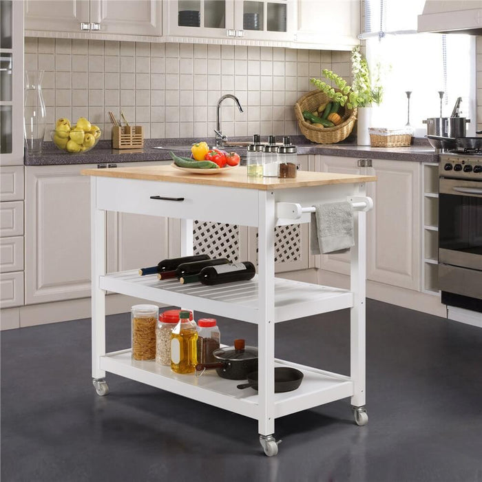 Dropship Kitchen Cart With Rubber Wood Drop-Leaf Countertop ,Cabinet Door  Internal Storage Racks,Kitchen Island On 5 Wheels With Storage Cabinet And  3 Drawers For Dinning Room,White to Sell Online at a Lower