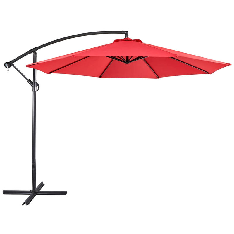 half patio umbrella red lled 10 feet Yaheetech 10FT Outdoor Hanging Cantilever Umbrella, 8 Ribs with Crank & Cross Base for Backyard Garden, Red